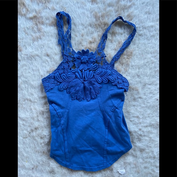 Free People Tops - Free people blue tank top with lace detail XS